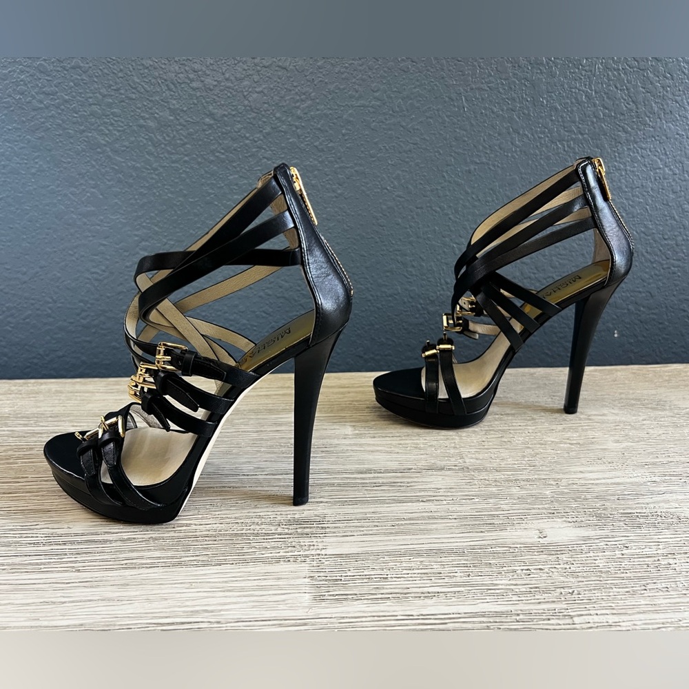 Michael Kors Ava Black Strappy Heels Gold Buckles - Picture 5 of 7